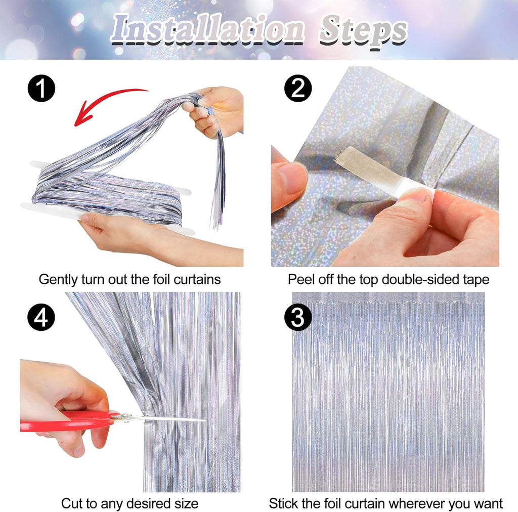 Skiennix Silver Metallic Tinsel Foil Curtains - 2 Pack Glitter Fringe Backdrop | 3.28 FT x 7.05 FT for NYE & Birthday Parties