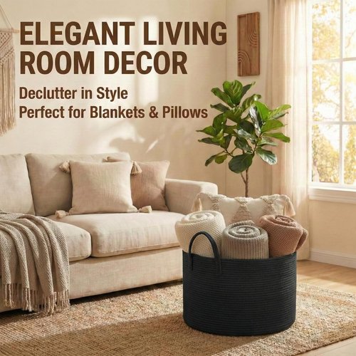 **JMvicyroam 65L Extra Large Woven Cotton Rope Blanket Basket - Stylish Laundry Hamper with Reinforced Handles | Machine Washable, Black**