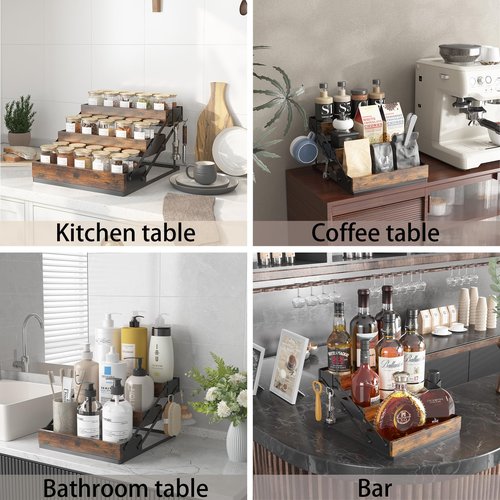 KOKSTOP 3 Tier Foldable Spice Rack Organizer for Countertop, Step Shelf with Spice Jars for Kitchen Cabinet Drawers Seasoning Rustic Wooden Spice Holder for Home, Cupboard or Door - 2PCS