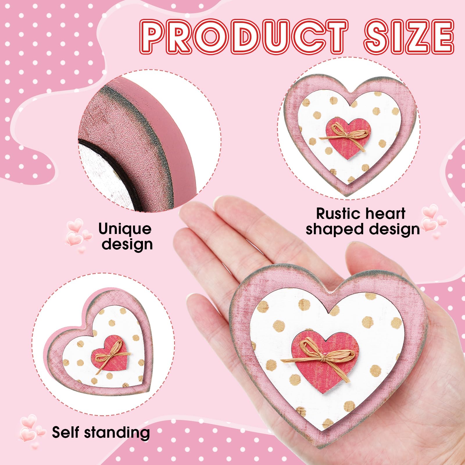 Wonderjune 6 Pcs Valentine‘s Day Decorations Rustic Heart Shaped Wooden Sign Farmhouse Love Wood Block Table Centerpiece Valentines Tiered Tray Decor for Valentines Day Wedding Home(Cute Style)