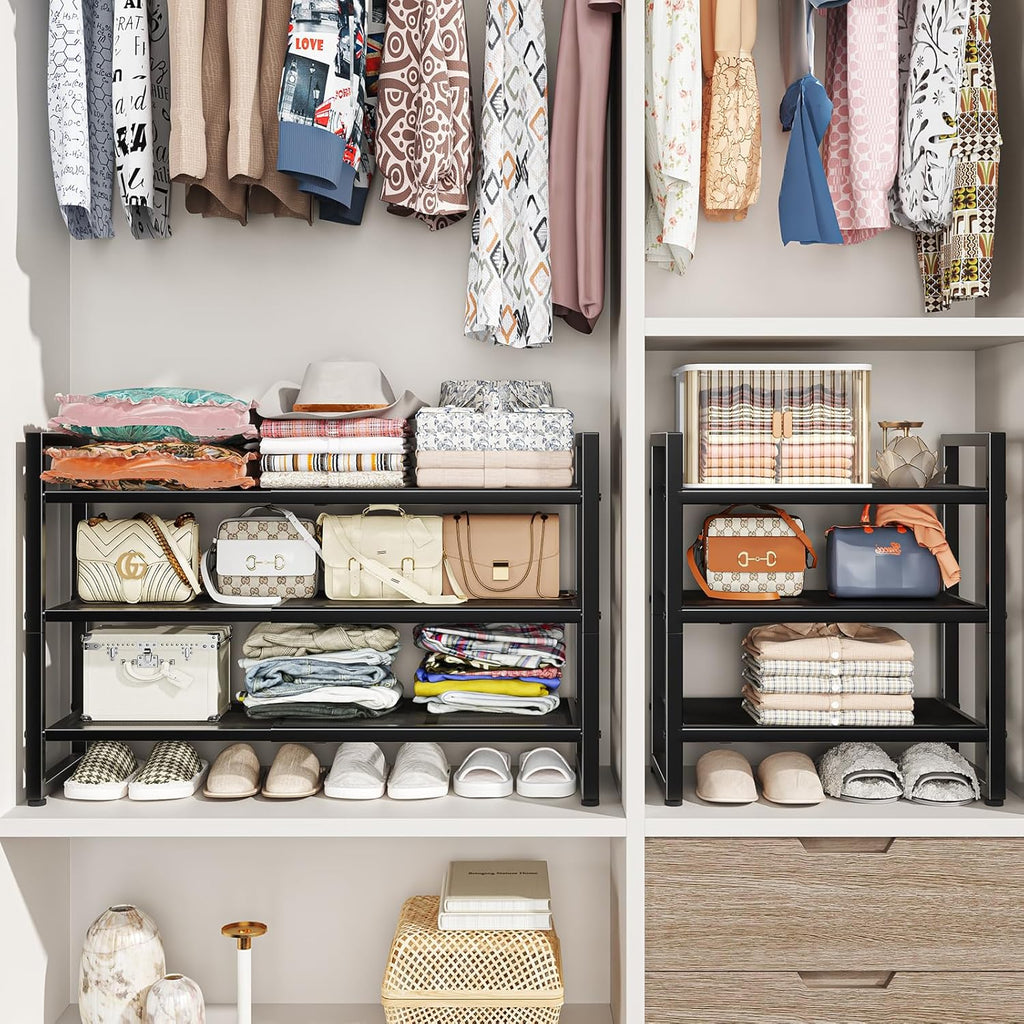 Skiennix 3-Tier Expandable Shoe Rack - Adjustable & Stackable Metal Mesh Organizer | Black