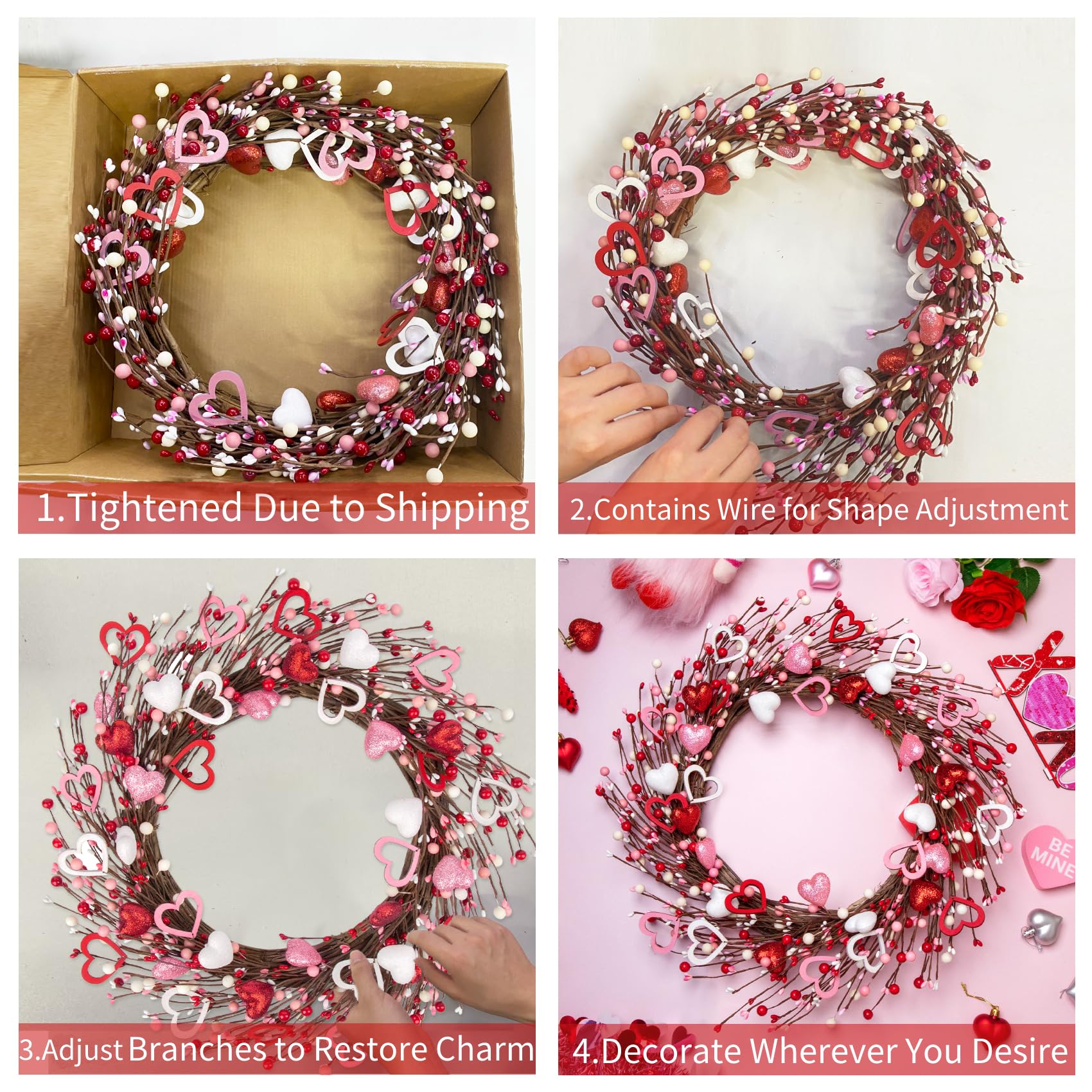Ouddy Decor 20'' Valentine's Wreath for Front Door with Artificial Red Pink White Wooden Heart Shaped Berries for Valentines Gifts Romantic Night Event Anniversary Wedding Engagement Home Decorations