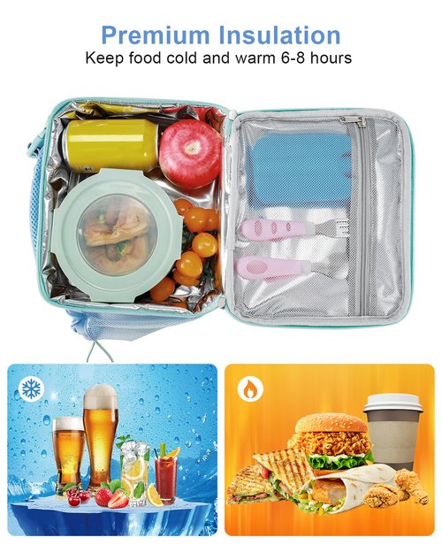 Amersun Kids Insulated Lunch Box- Water-Resistant, Reusable Cute Lunch Tote Bag with Water Bottle Holder & Multi-Pocket-Ideal for Ages 3+ Girls, Boy, School,Travel(Baby Blue)