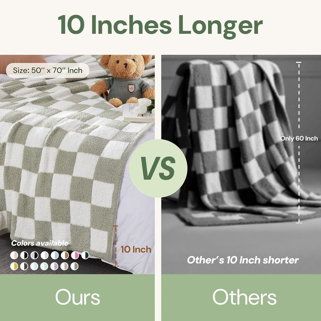 WRENSONGE Checkered Throw Blanket - Soft Sage Green Cozy Handmade Blanket for Couch, Sofa, Travel