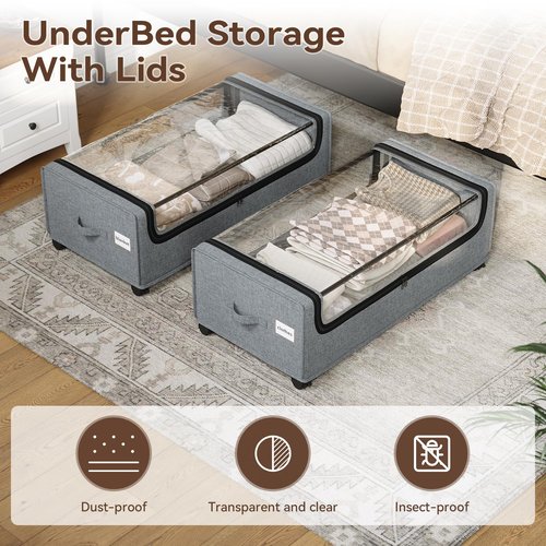 VicHomey Under Bed Storage With Wheels, Tall Under The Bed Storage, Underbed Storage Containers With Lids, Metal Frame, 90L Capacity, Large Size