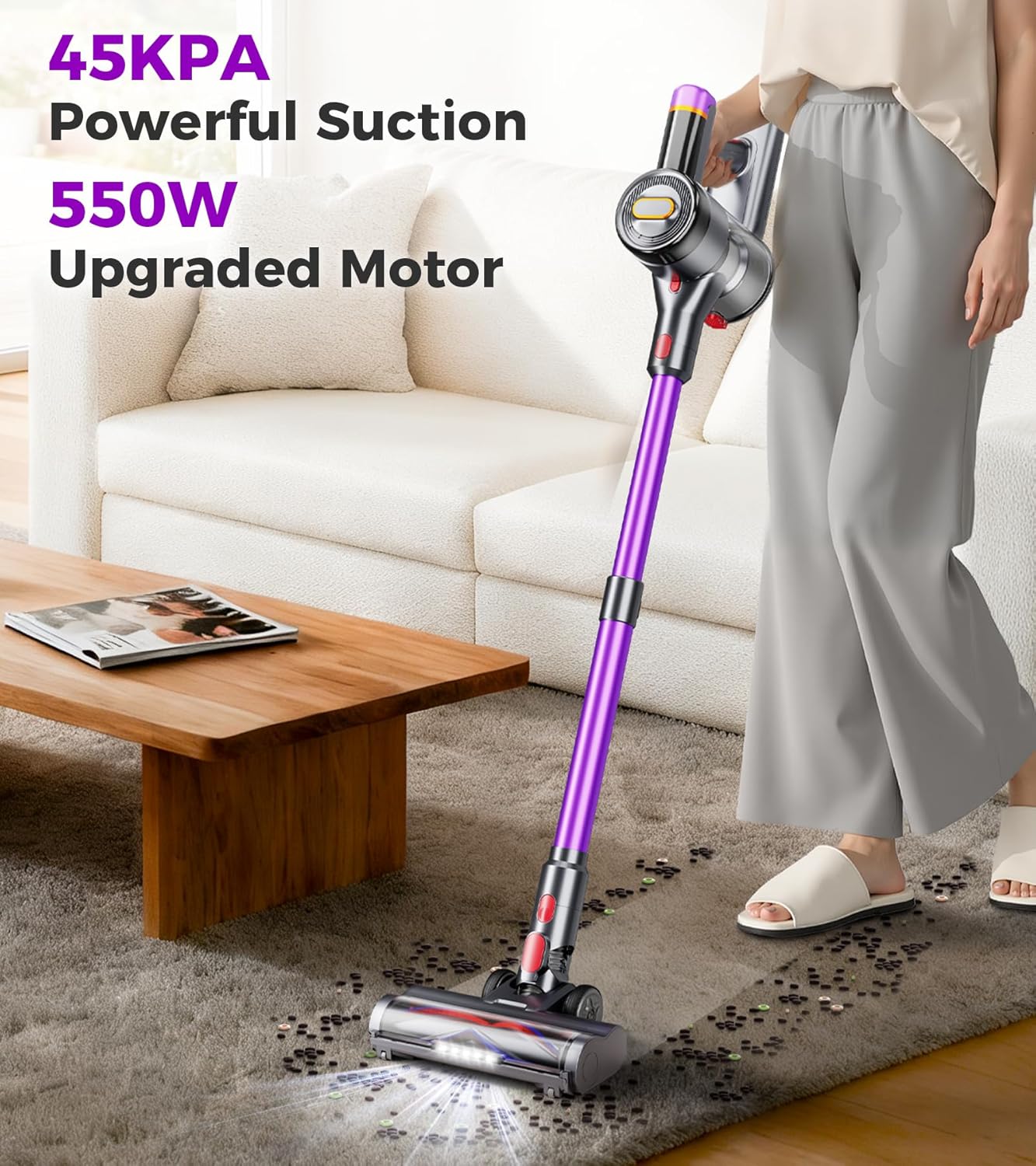 Skiennix Cordless Vacuum Cleaner - 550W 45Kpa Power | 60-Minute Runtime, LED Display, Self-Standing & Anti-Tangle Design