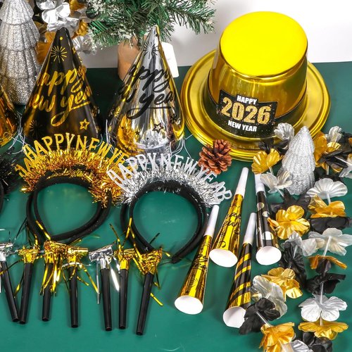 Atonofun New Year's Eve Party Supplies - 48 Pcs for 20 Guests | Hats, Horns, Headbands & More