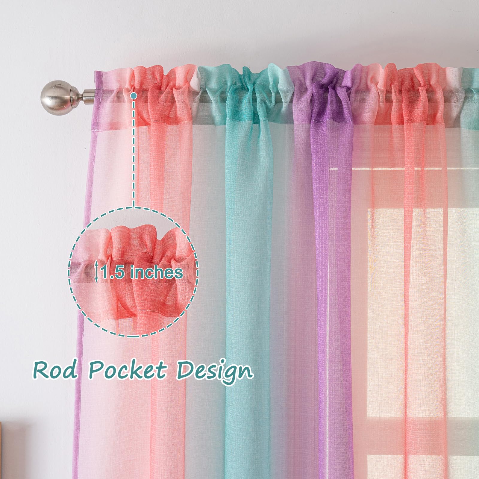 Yancorp Sheer Curtain 2 Panels Semi Bedroom Curtains 63 inches Length Linen Ombre Curtains Rod Pocket Drapes Girls Living Room Mermaid Bedroom Nursery Kids Window Decor(Green Pink Purple, 52"x63")