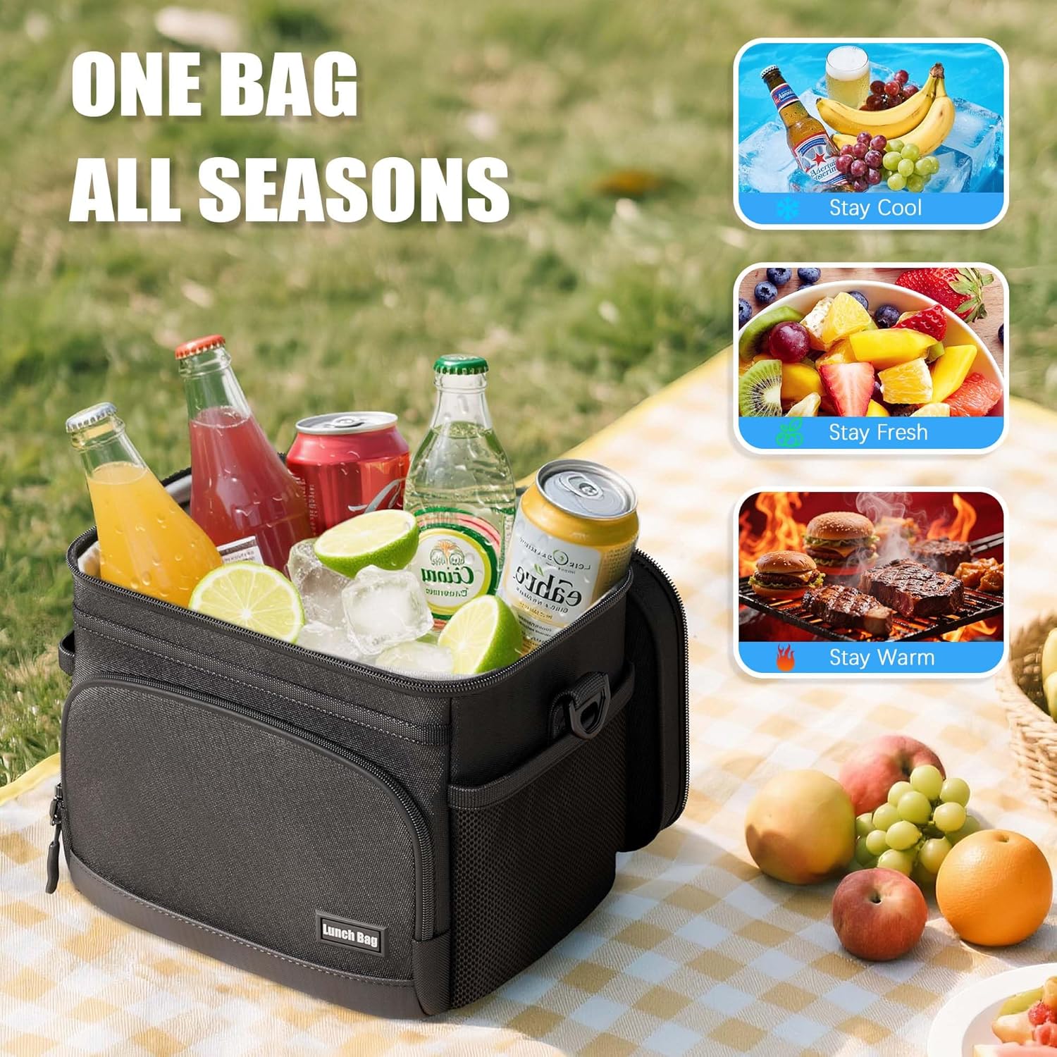 Skiennix Insulated Lunch Bag - Soft Cooler Tote for Work, Travel & Picnic | Black, 9L Capacity