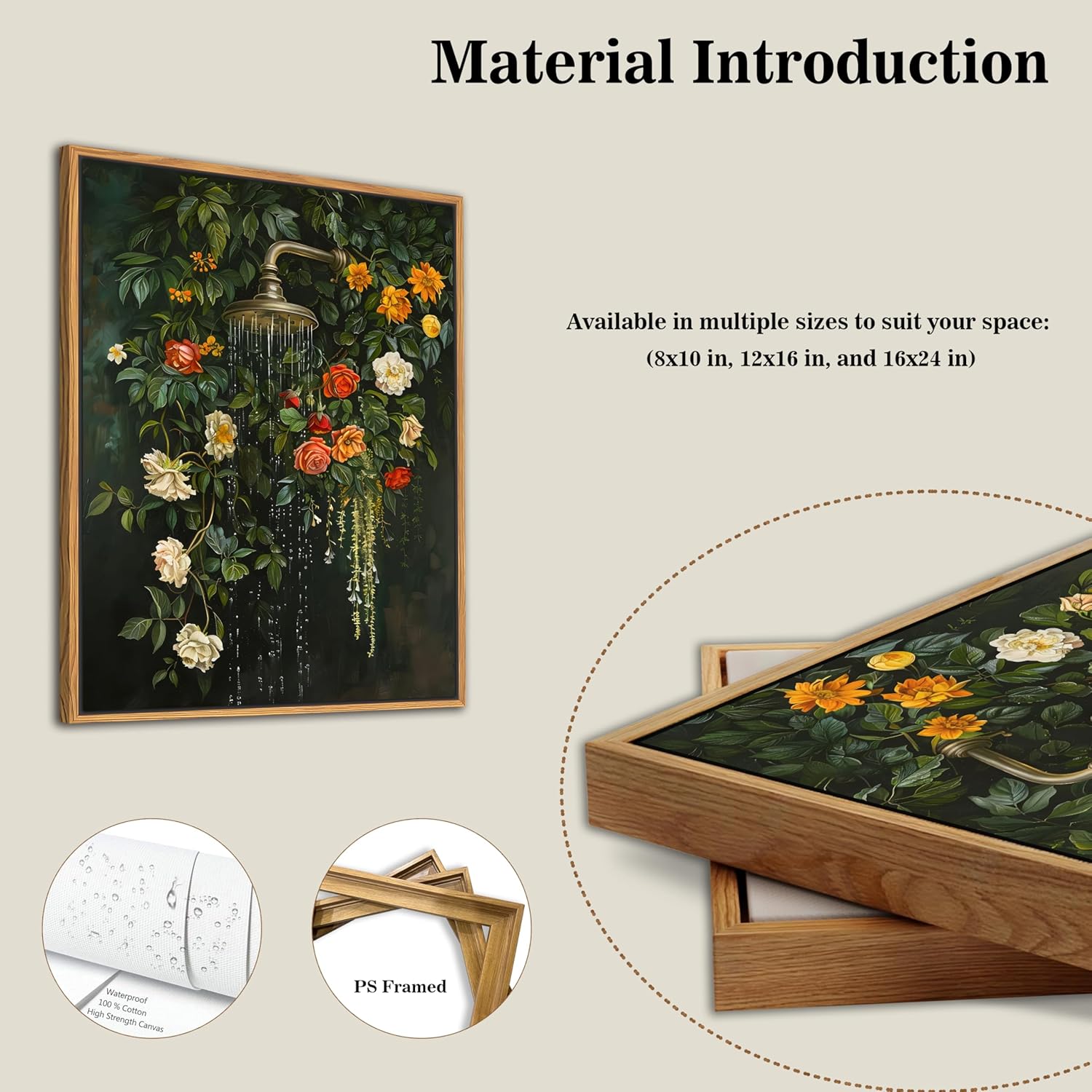 Skiennix Floating Framed Floral Shower Wall Art - Vintage Botanical Canvas Print | Romantic Garden Roses & Waterfall Painting | 12x16 Inch Nature-Inspired Bathroom Decor