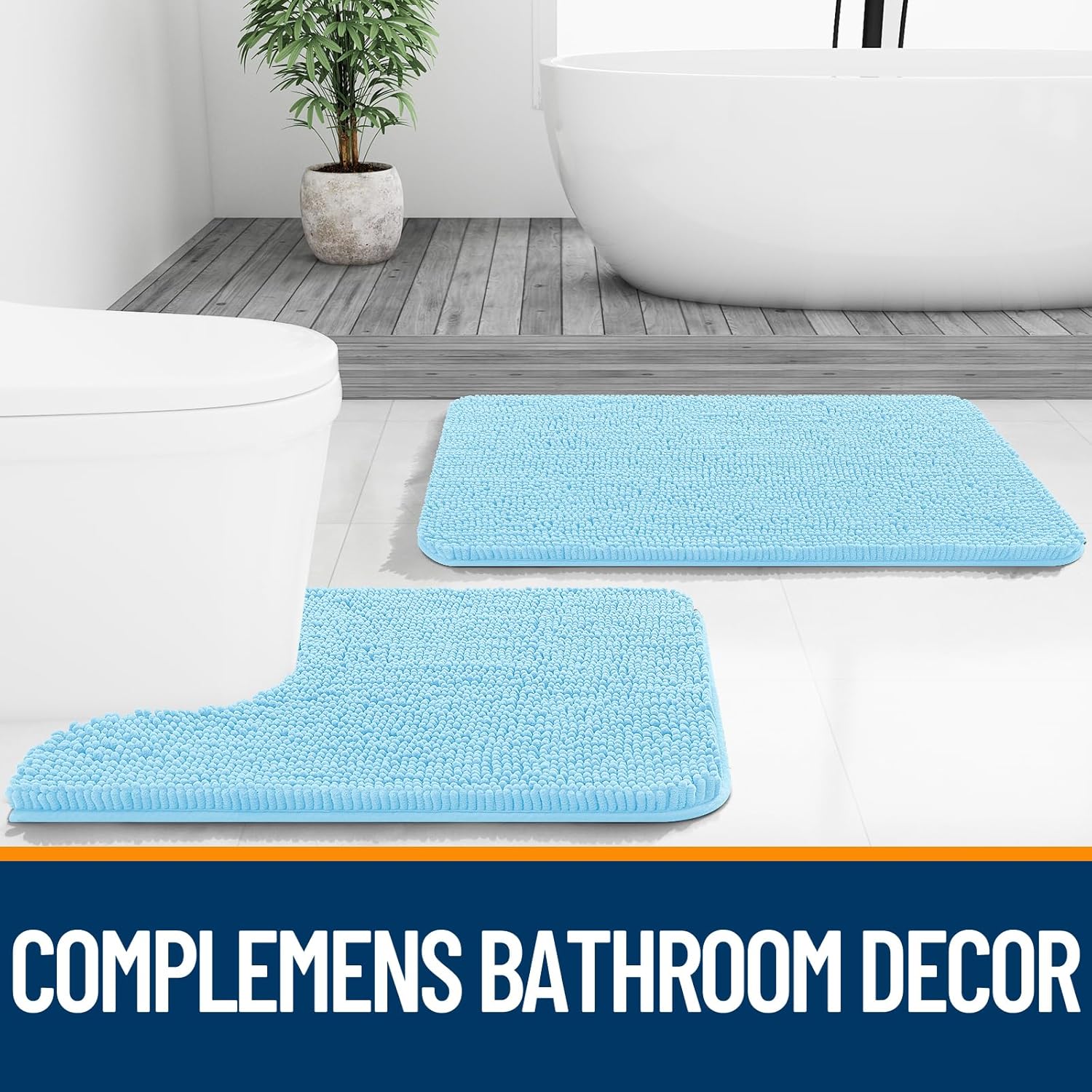 OLANLY Bathroom Runner Rugs - Soft Chenille Bath Mats with Rubber Backing | Quick Dry, Machine Washable, 59x24, Sky Blue