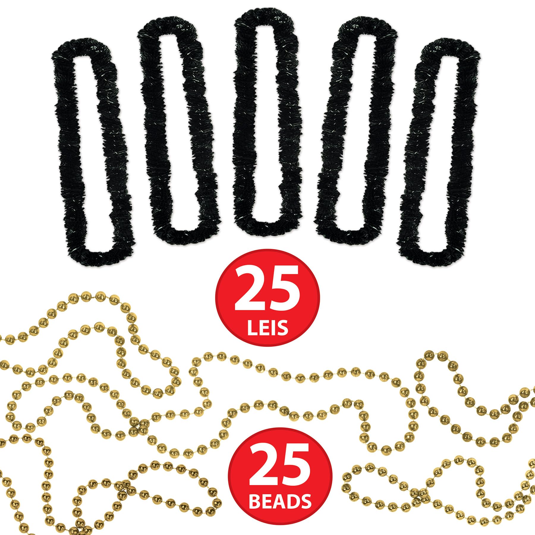 Beistle Gold Legacy Assortment for 50 People – New Year’s Eve Party Kit with Plastic Toppers, Fringed Tiaras, Foil Horns, Leis, Noisemakers and Bead Necklaces for Coordinated NYE Group Celebrations