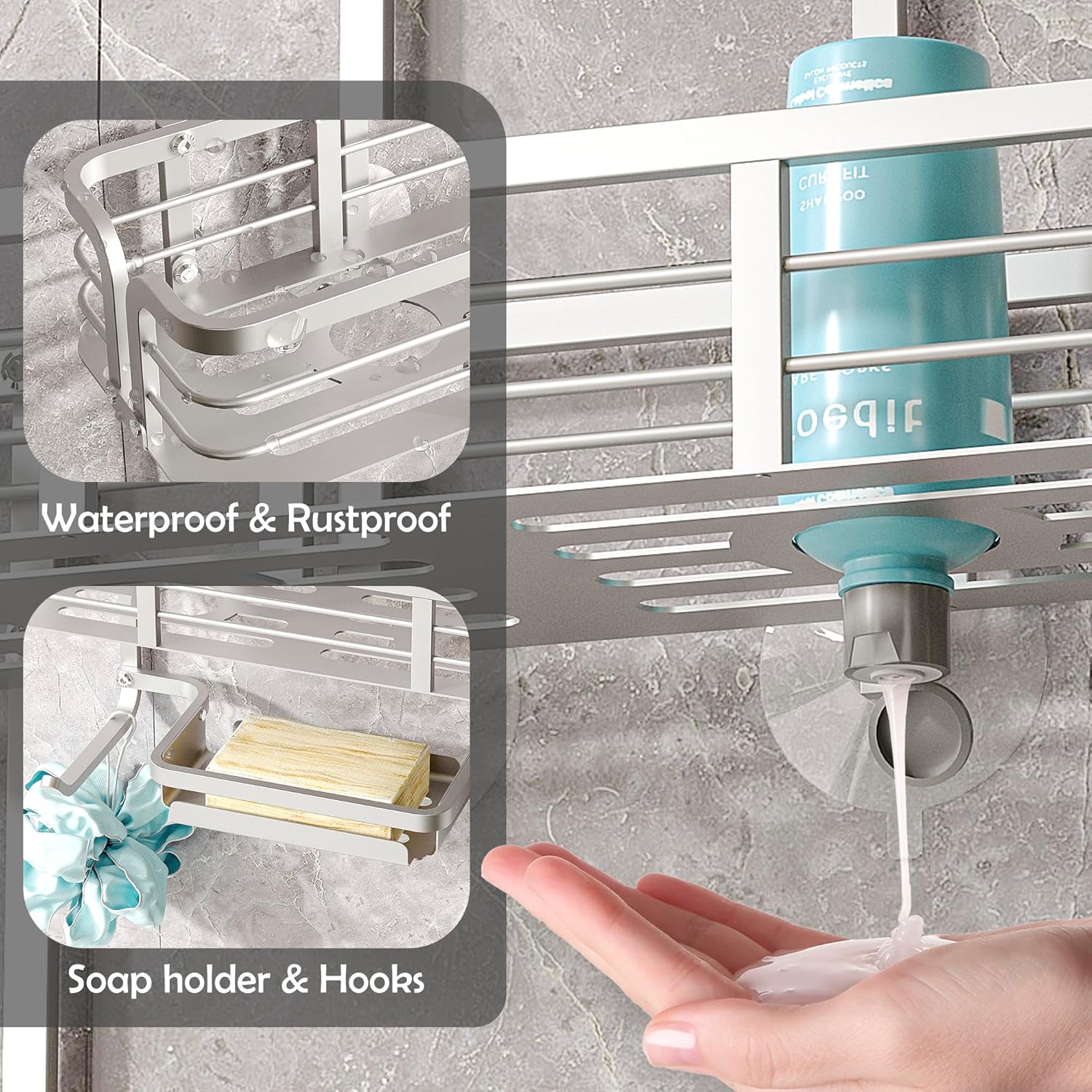 Never Rust Aluminum Shower Caddy by [Brand Name] - Over Showerhead Organizer with Hooks & Soap Holder | Silver