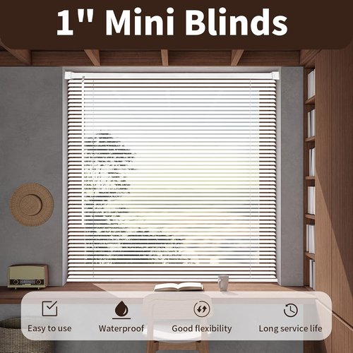 1 Cordless Mini Blinds - 20" W x 36" H | White Vinyl Horizontal Light Filtering Blinds for Indoor Use