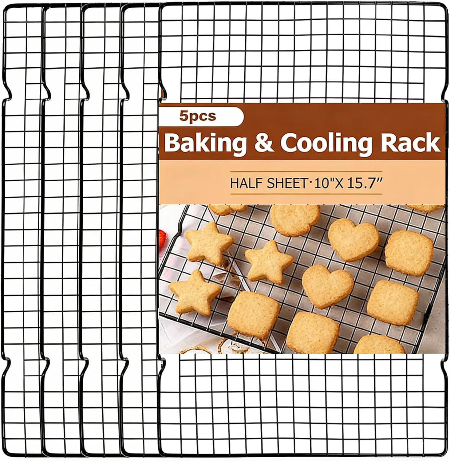 Skiennix 5-Piece Stainless Steel Cooling Rack - 10" x 16" Oven & Dishwasher Safe Metal Wire Rack
