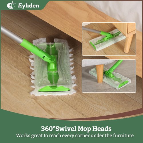 Eyliden Sweeper Mop with 36 Refills - 3 Types of Disposable Dry & Wet Cloths | Lock-Tight Design No Lost Pads, Universal Refills, Multi-Surface Sweeping Starter Kit for Pet Hair, Dust, Floor Cleaning