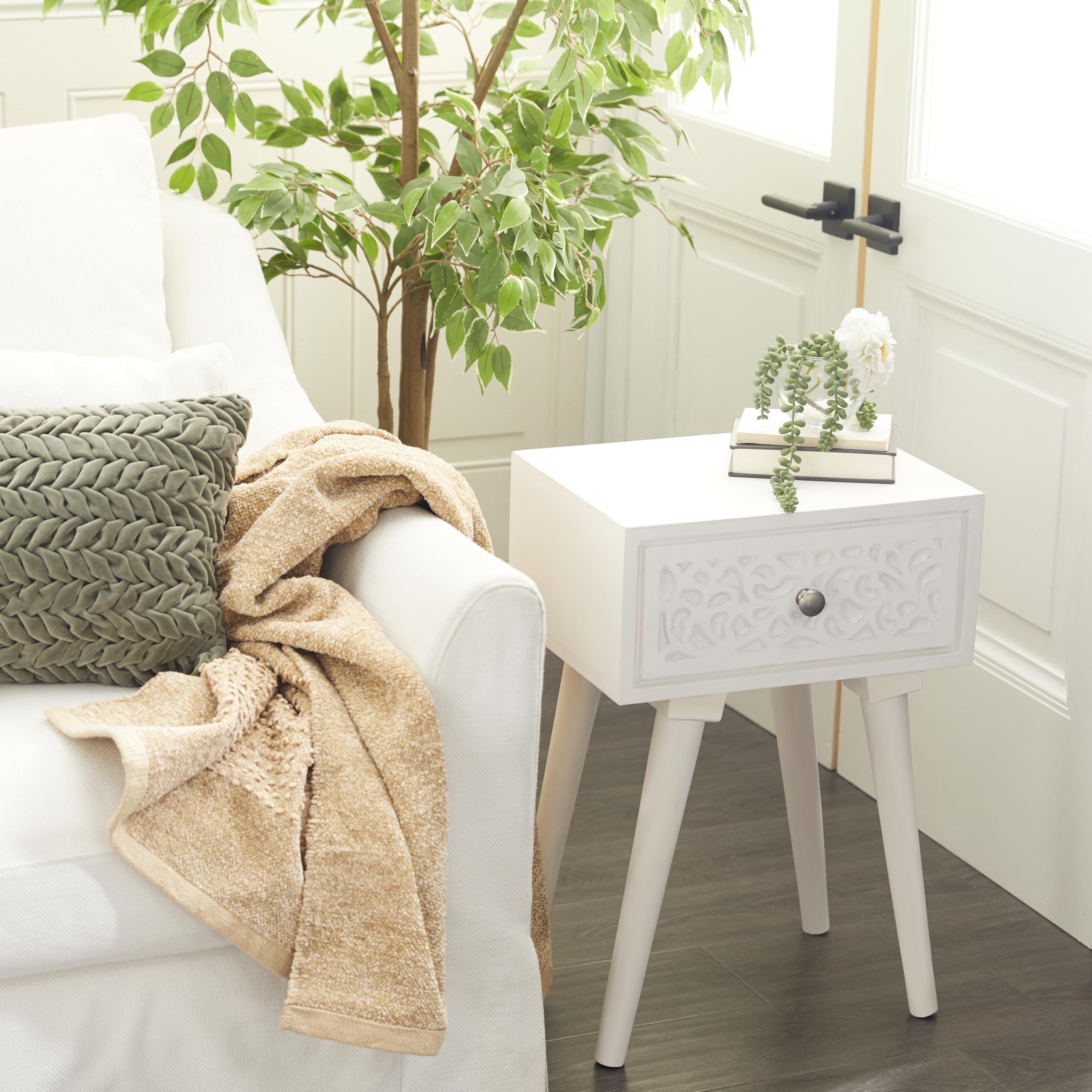 Deco 79 Mango Wood Scroll Side End Accent Table Intricately Carved Single Drawer End Table, Side Table 16" x 13" x 24", White