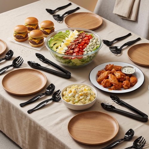 36Pcs Disposable Plastic Serving Utensils Set, 12 Black Spoons, 12 Forks, 12 Tongs, 9-Inch for Party Buffet Catering Events, Heavy Duty and Ergonomic Design (Black)