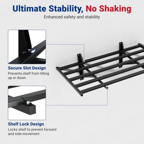 FLEXIMOUNTS Heavy Duty Garage Wall Shelving - 2x4ft Wall-Mounted Storage with 8 Hooks, 400lbs Capacity