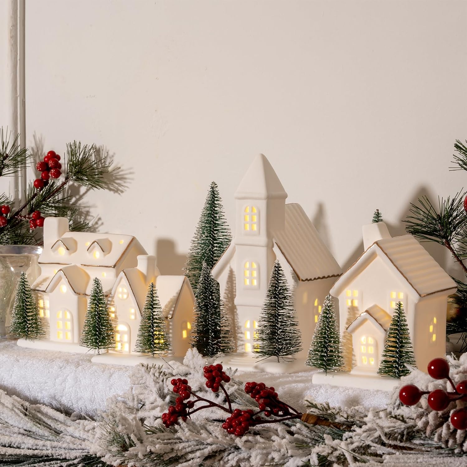 Skiennix Ceramic Christmas Village Set - 4 Pcs LED Porcelain Houses with Xmas Trees | White Snow Scene Decor