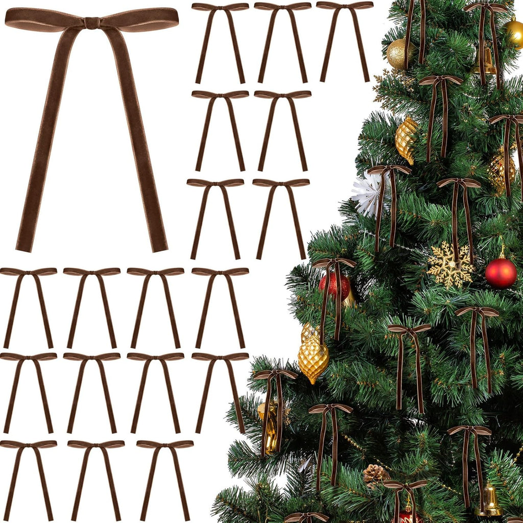 Skiennix 24 Pcs Velvet Bows - Vintage Ribbon Bows for Christmas Tree & Crafts | 5 x 7 Inch, Brown