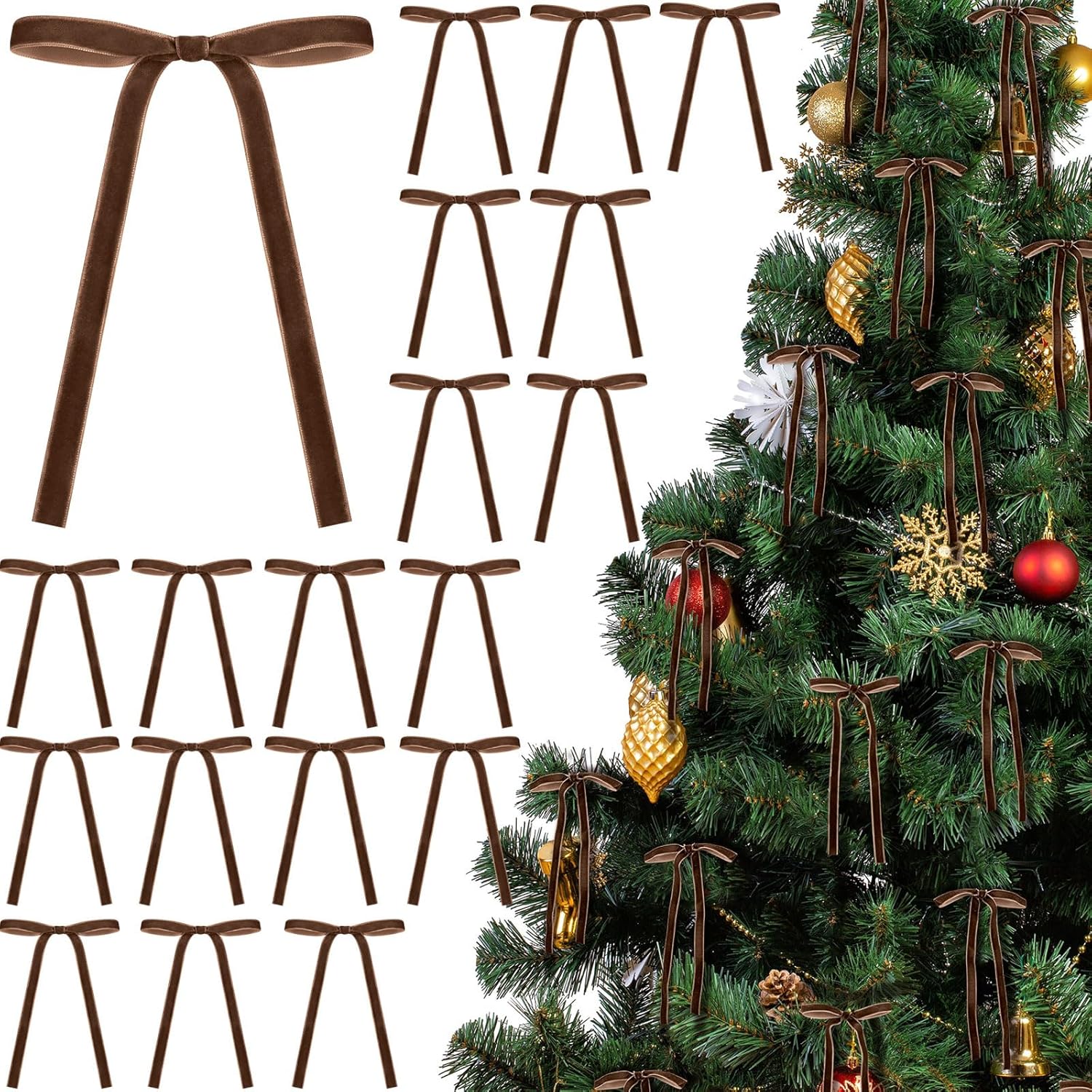 Skiennix 24 Pcs Velvet Bows - Vintage Ribbon Bows for Christmas Tree & Crafts | 5 x 7 Inch, Brown