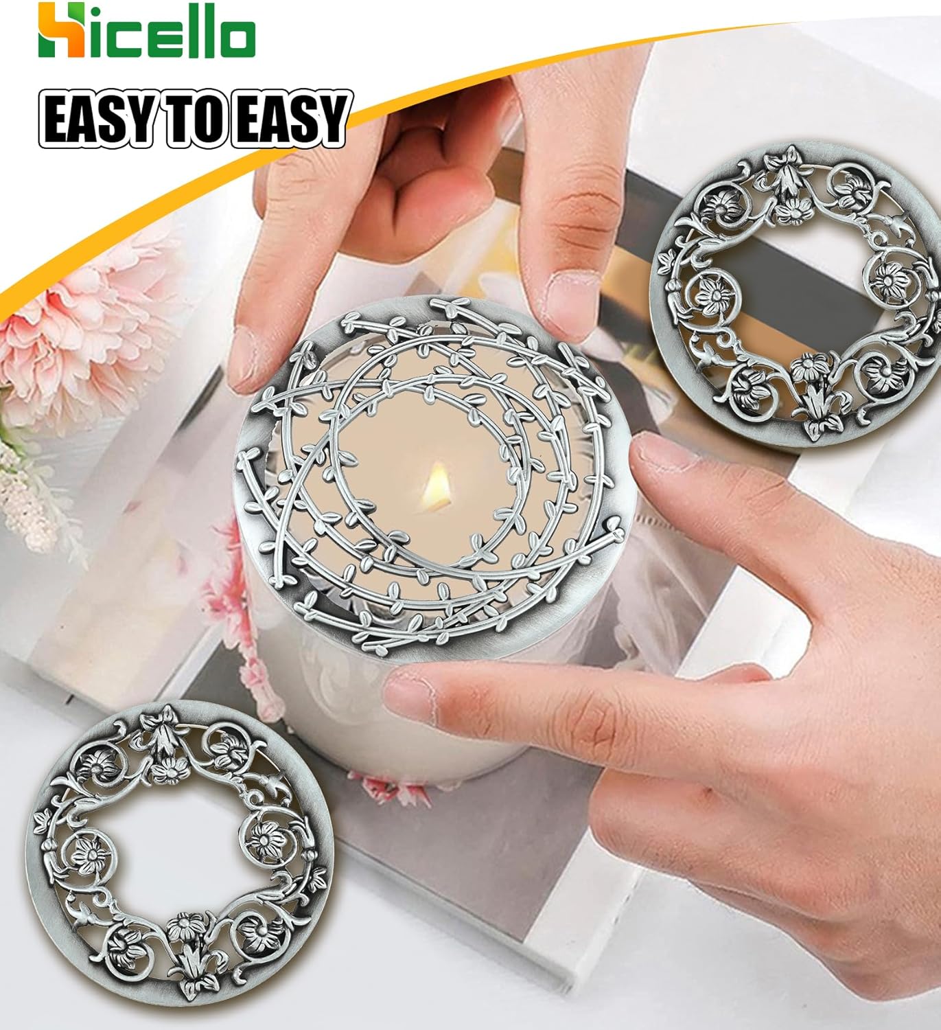 Skiennix Candle Toppers - Set of 2 Silver Metal Lids with Floral Design | Fits 80mm Yankee Candles, Enhances Even Burning, Perfect Gift for Women