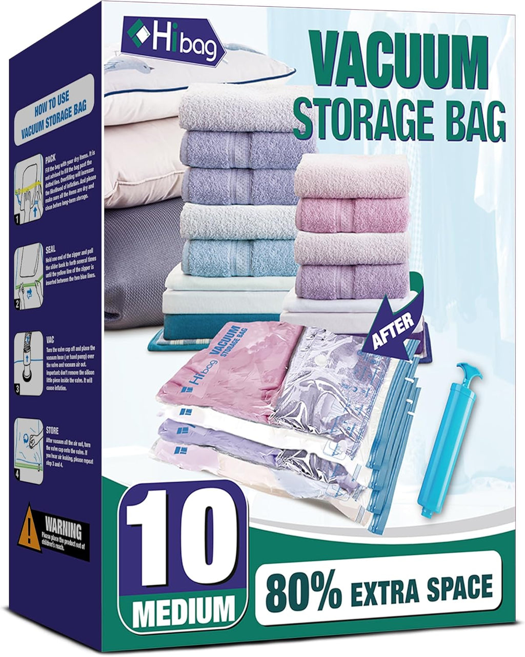 Skiennix Vacuum Storage Bags - 10 Medium Space Saver Seal Bags with Travel Hand Pump