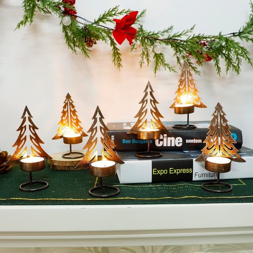 Juegoal Set of 6 Tea Light Candle Holders - Rust-Proof Metal Xmas Tree Centerpiece for Holiday Decor