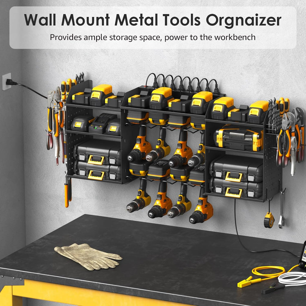 CCCEI Wall Mount Tool Organizer - 39 Inch Power Tool Storage Rack with 6FT Power Strip & 8 Drill Holders
