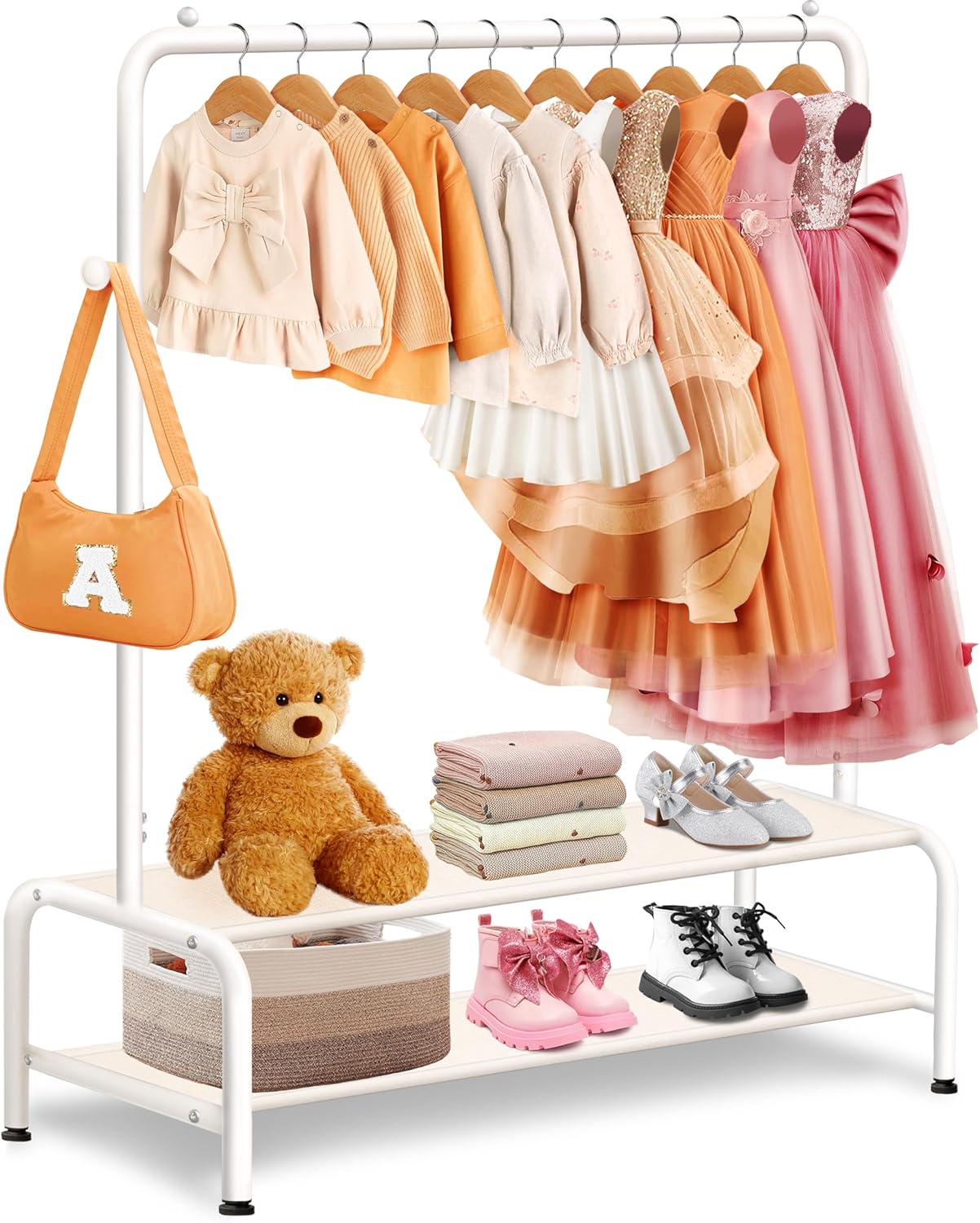 Skiennix Kids Clothing Rack - Mini Freestanding Dress Up Organizer with 2 Fabric Shelves - Toddler Closet Solution