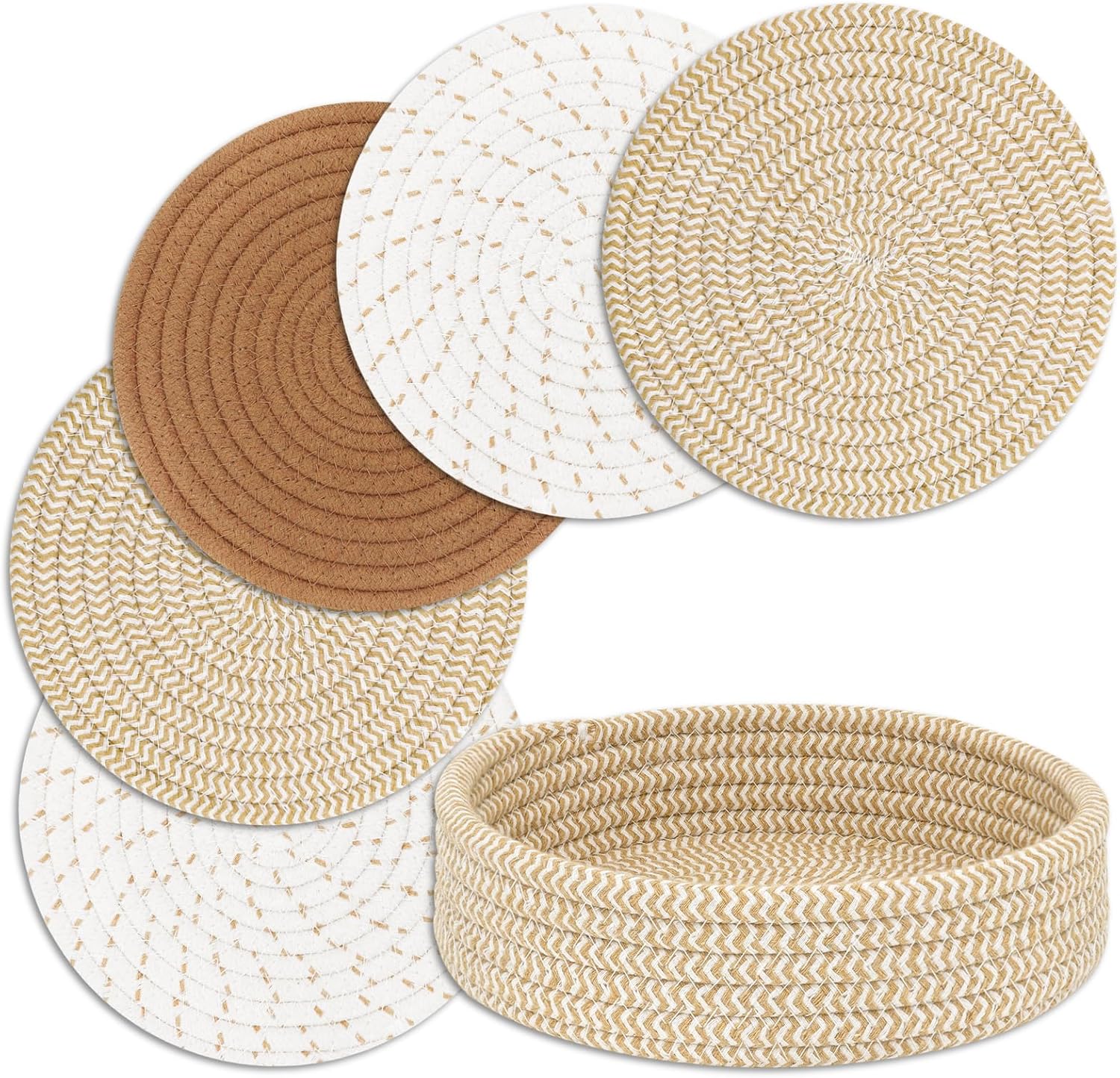 Trivets for Hot Dishes by Home Essentials - Heat Resistant Pot Holders with Storage Basket | 5 PCS Mix Brown