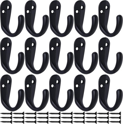 IBosins Coat Hooks - 15PCS Wall Mounted Single Prong Robe Hooks with 30 Screws for Bags, Hats & Scarves | Black