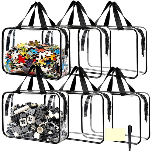 6 Pack Clear Toy Storage Organizer Bags Large with Double Zipper Waterproof PVC Material Travel Toy Organizer Pouch with Handles for Puzzle, Blocks, Board games, Kids Books Toy Organizing