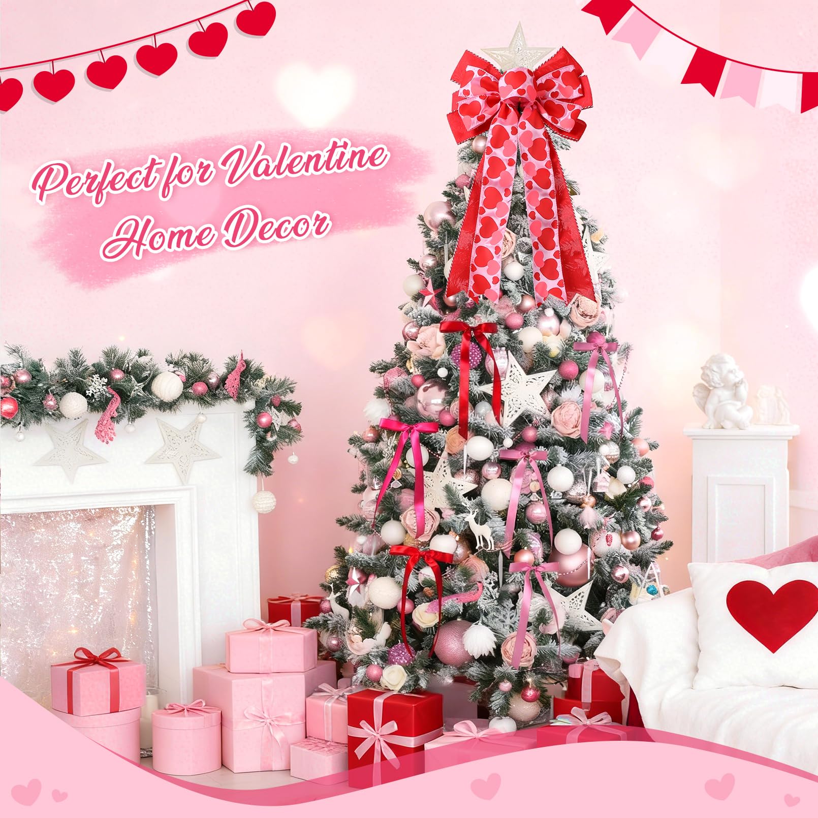 CEELGON Valentines Day Decorations Large Pink and Red Valentine Tree Topper Bow & 12 Pcs Long Satin Ribbon Bows Ornaments Wreath for Holiday Home Wall Decor
