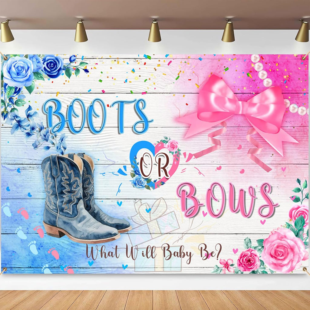 Skiennix Cowboy Boots & Bows Gender Reveal Backdrop - Rustic Wood Design | 7x5ft Photo Booth Banner