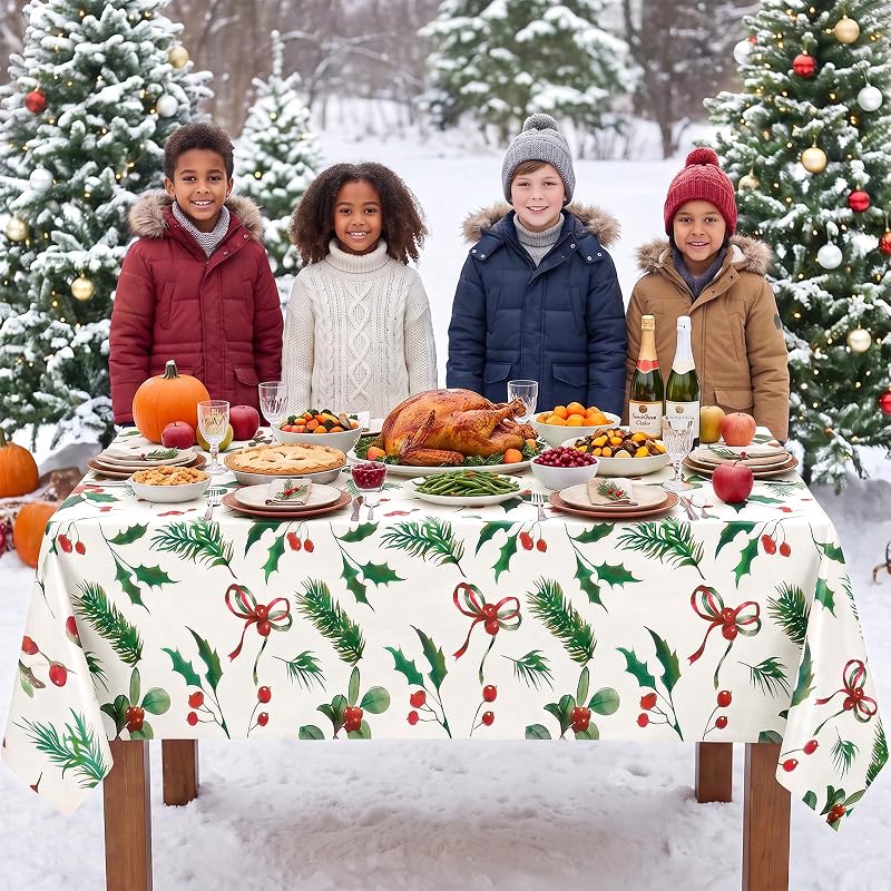 Green Christmas 3 Pack Disposable Tablecloths 54 x 108 in - Holly Berry Pattern