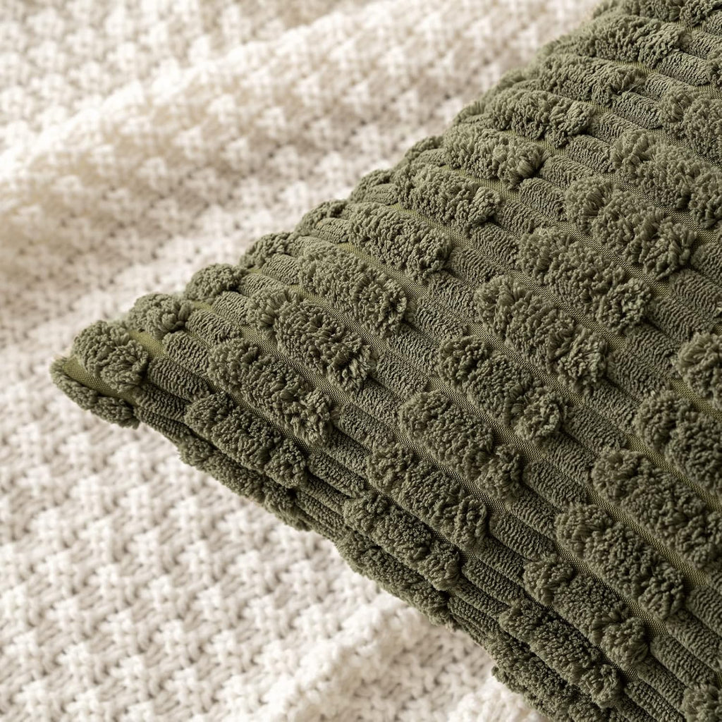 MIULEE Decorative Throw Pillow Covers - Soft Boho Striped Corduroy | 16x16 Inch Olive Green, Pack of 2