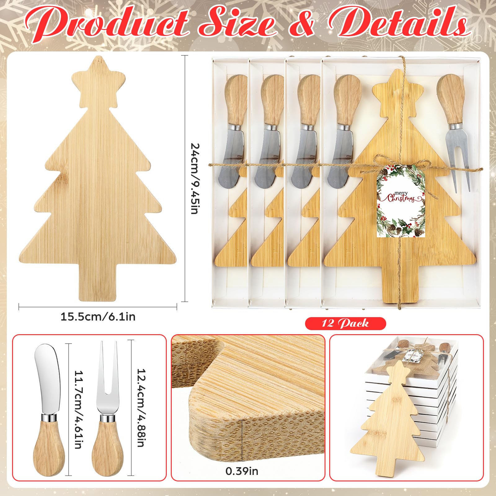 Roshtia 12 Set Christmas Charcuterie Board Gift Bulk Christmas Cutting Boards with Cheese Knives Forks Bamboo Cutting Board for Kitchen Xmas Party Bridal Shower Favor Supplies(Xmas Tree)
