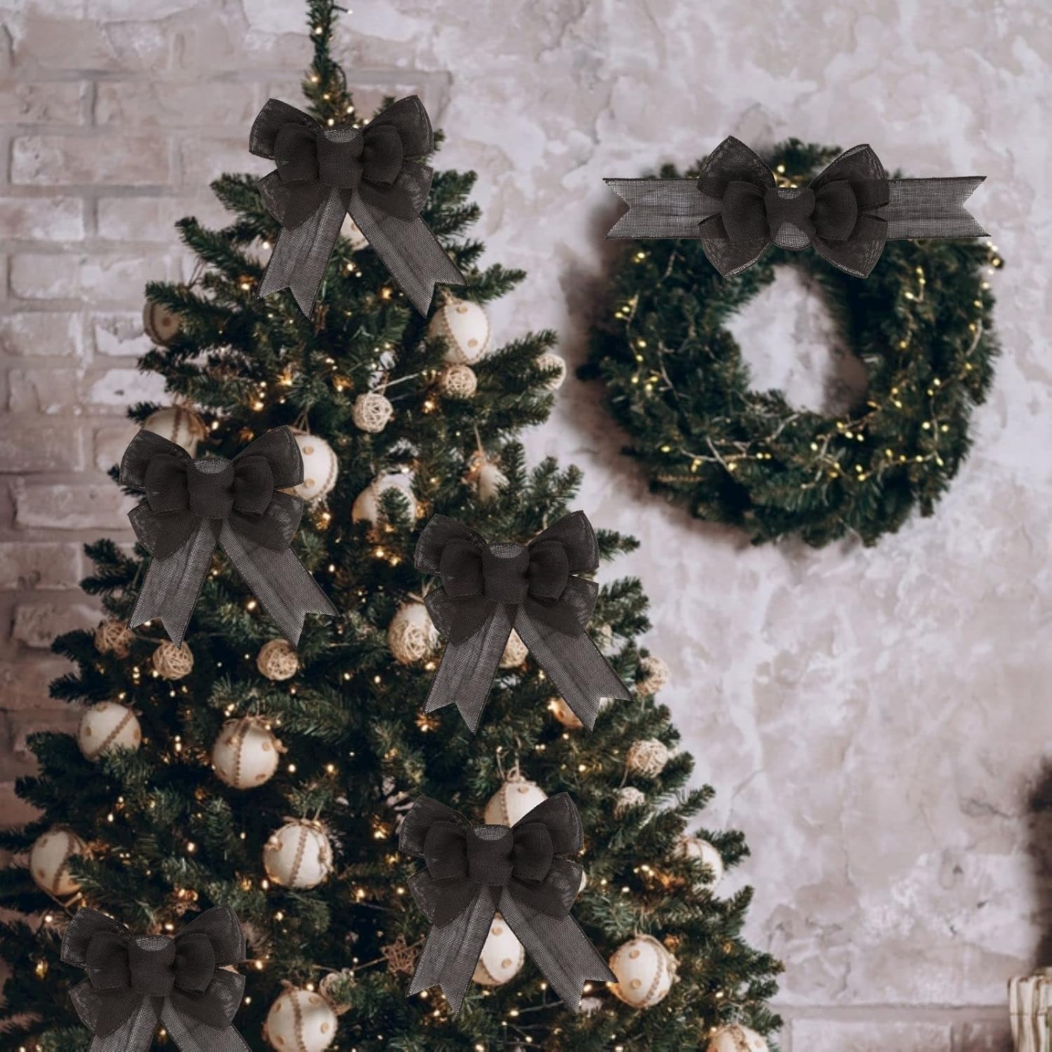 Meseey Black Wired Ribbon - 2 Pcs Handmade Burlap Bows for Wreaths & Gift Wrapping | Outdoor Decor