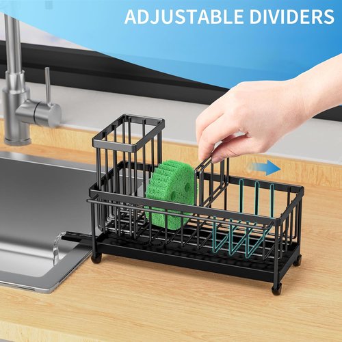 Cisily Kitchen Sink Caddy Organizer - Rustproof 304 Stainless Steel with High Brush Holder | Black, 9.25”
