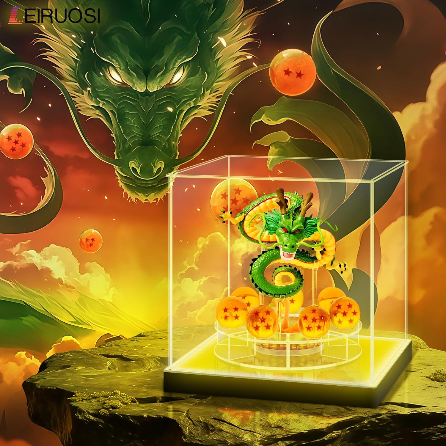 Shenron Clear Acrylic Display Case - LED Showcase for Dragon Shenlong Statue & Dragon Balls | Dustproof Holder