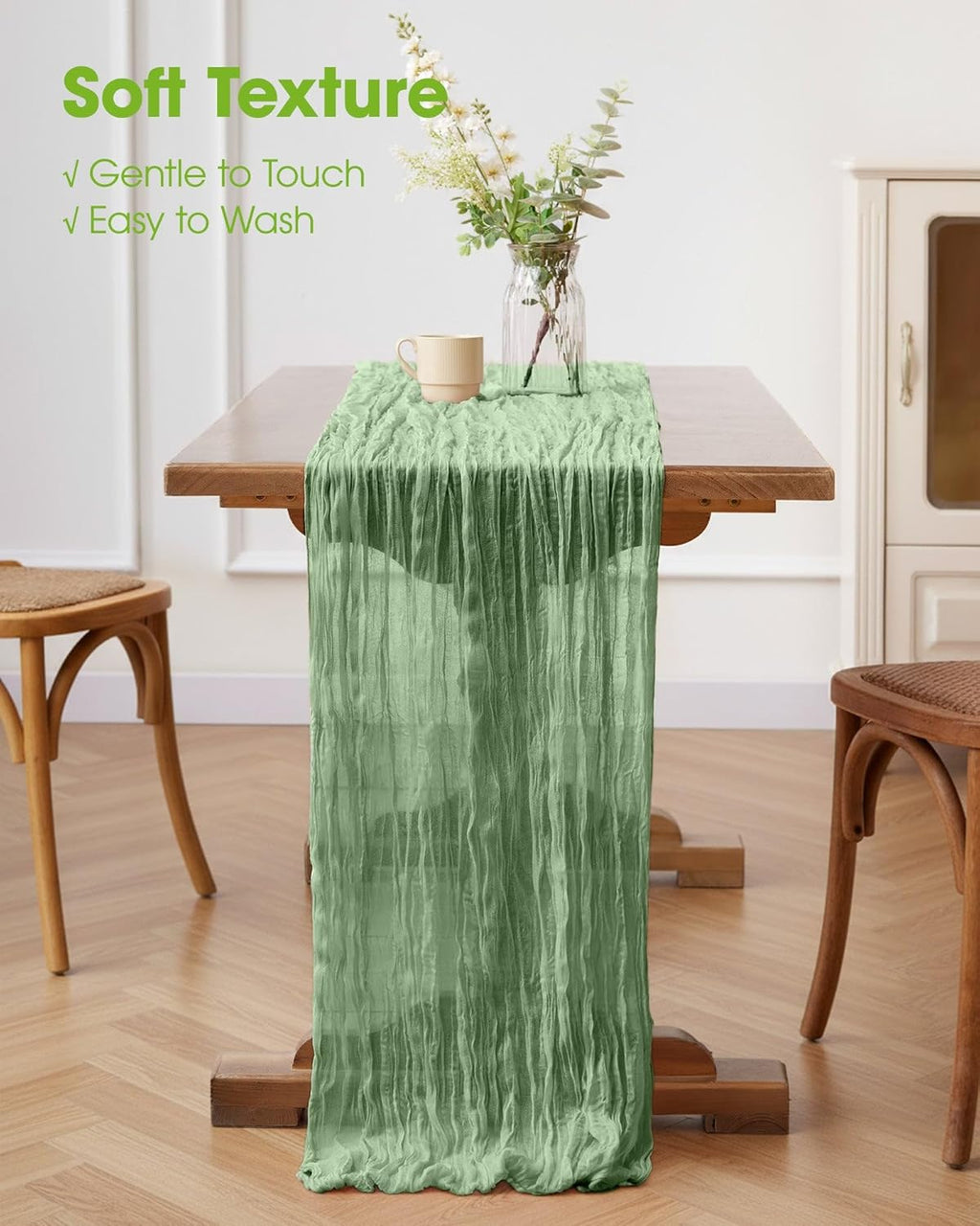 Pureegg Cheesecloth Table Runner - 120'' Sage Green Boho Decor for Easter, Weddings & Parties