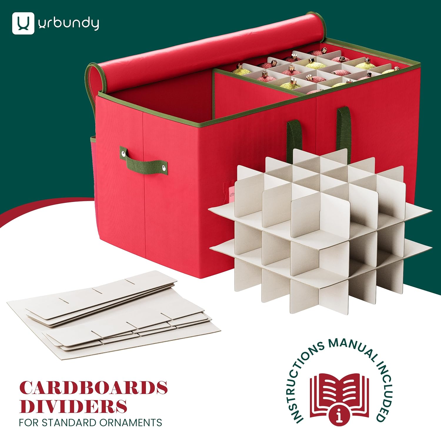 Regine Switzerland Christmas Ornament Storage Box - Red Organizer for 128 Ornaments with Dividers & Handles