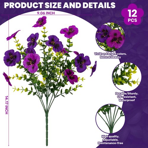 StyleNest 12 Piece Outdoor Artificial Flowers Fake Pansies -Two-Tone Faux Flowers per Stem, UV Resistant for Indoor Outdoor Porch Garden Planters Patio Window Box Home Decor(Purplish Red)