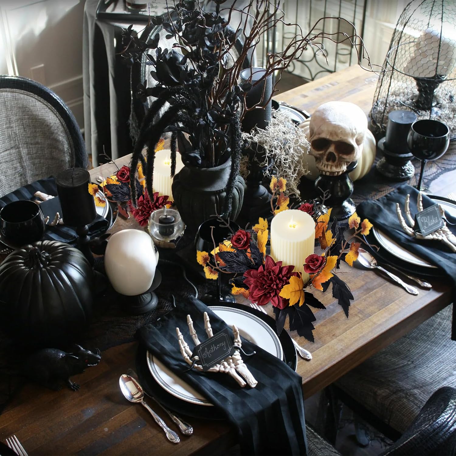Regine Switzerland Halloween Candle Rings - Red Flowers & Artificial Maple Leaves | Perfect Table Centerpieces