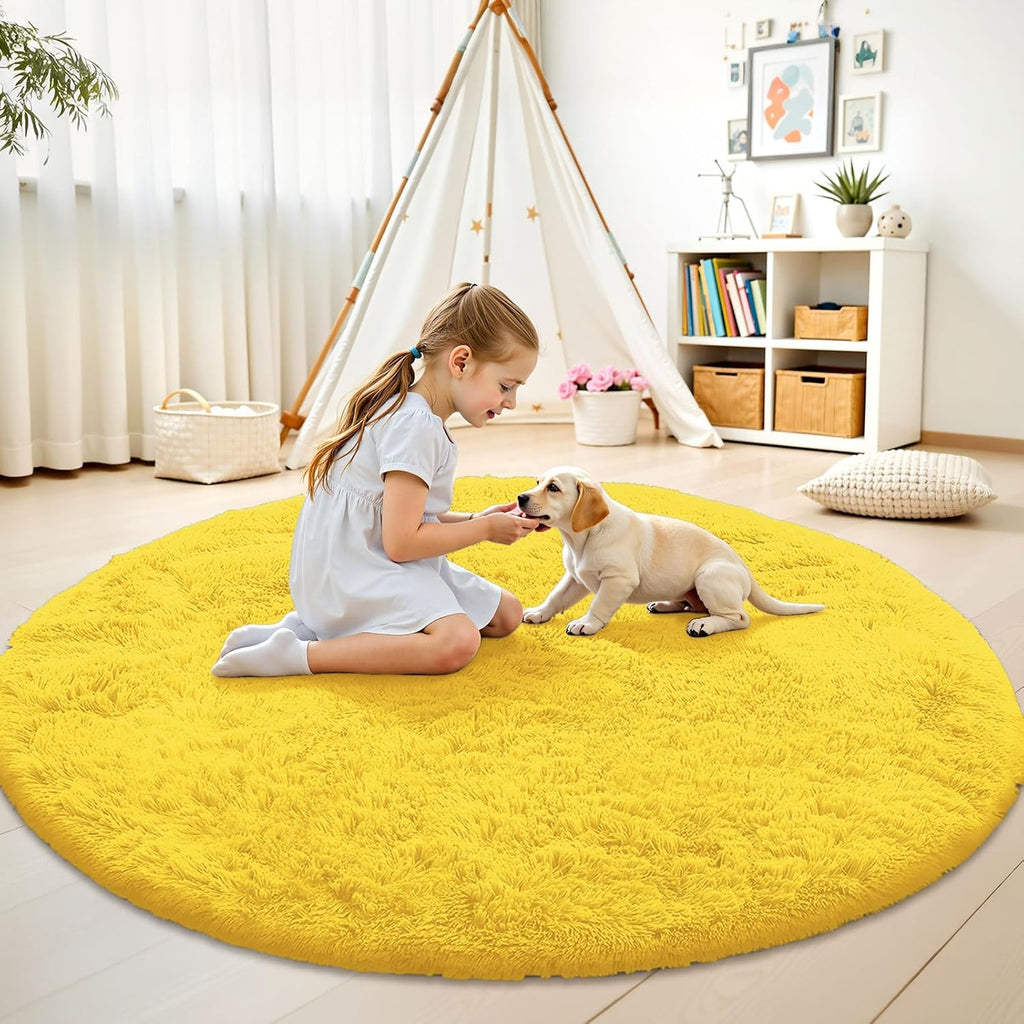 OLANLY Yellow Round Area Rug - Soft, Fluffy, Machine Washable 6 ft Circle Carpet for Bedroom & Living Room