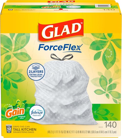 Glad ForceFlex Tall Kitchen Trash Bags - 13 Gallon, Gain Original Scent, 140 Count