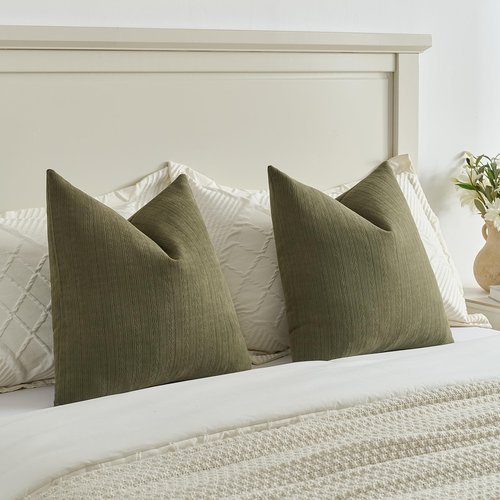 FUTEI Olive Green Decorative Throw Pillow Covers 18x18 Inch Set of 2,Soft Cozy Wheat Ear Striped Patterns Cushion Cases,Modern Home Decor for Couch Bed Living Room