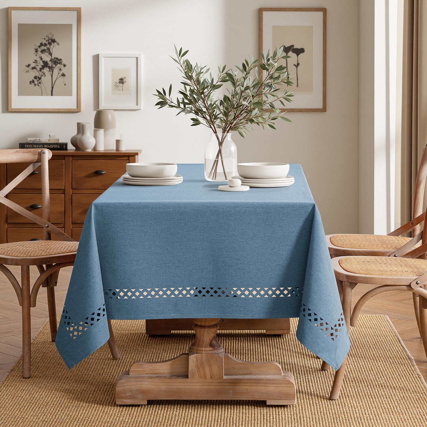 MIULEE Dusty Blue Rectangle Linen Polyester Tablecloth with Decorative Cutouts Waterproof Stain Resistant & Shrink-Proof Table Cloth 60x120 inch Farmhouse Style for Dining Wedding Party